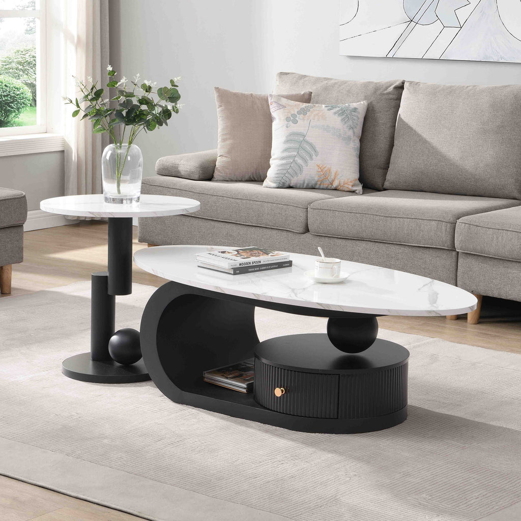Set of three Anthony & Home oval nesting coffee tables with round surfaces and modern design, perfect for living room decor.