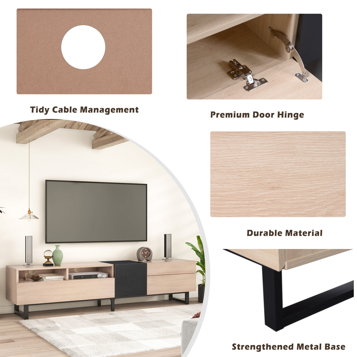 Anthony & Home Studio Natural Wood TV console with dual storage, featuring sleek design and ample space for media devices.