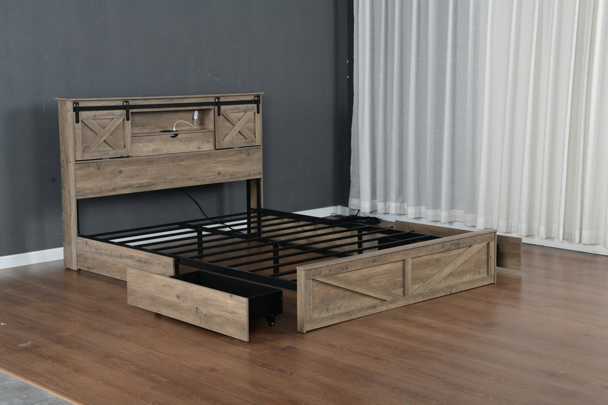 Queen farmhouse bed frame by Anthony & Home with grey rustic wood, LED lighting, charging station, and storage drawers.