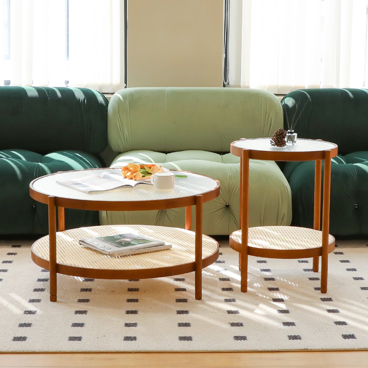 Set of nesting round wood coffee tables with tempered glass tops from Anthony & Home's collection, stylish and versatile living room furniture