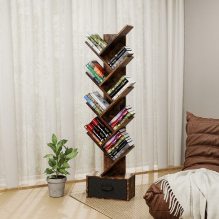 9 Tier Tree Bookshelf With Drawer Bookcase Rustic Brown