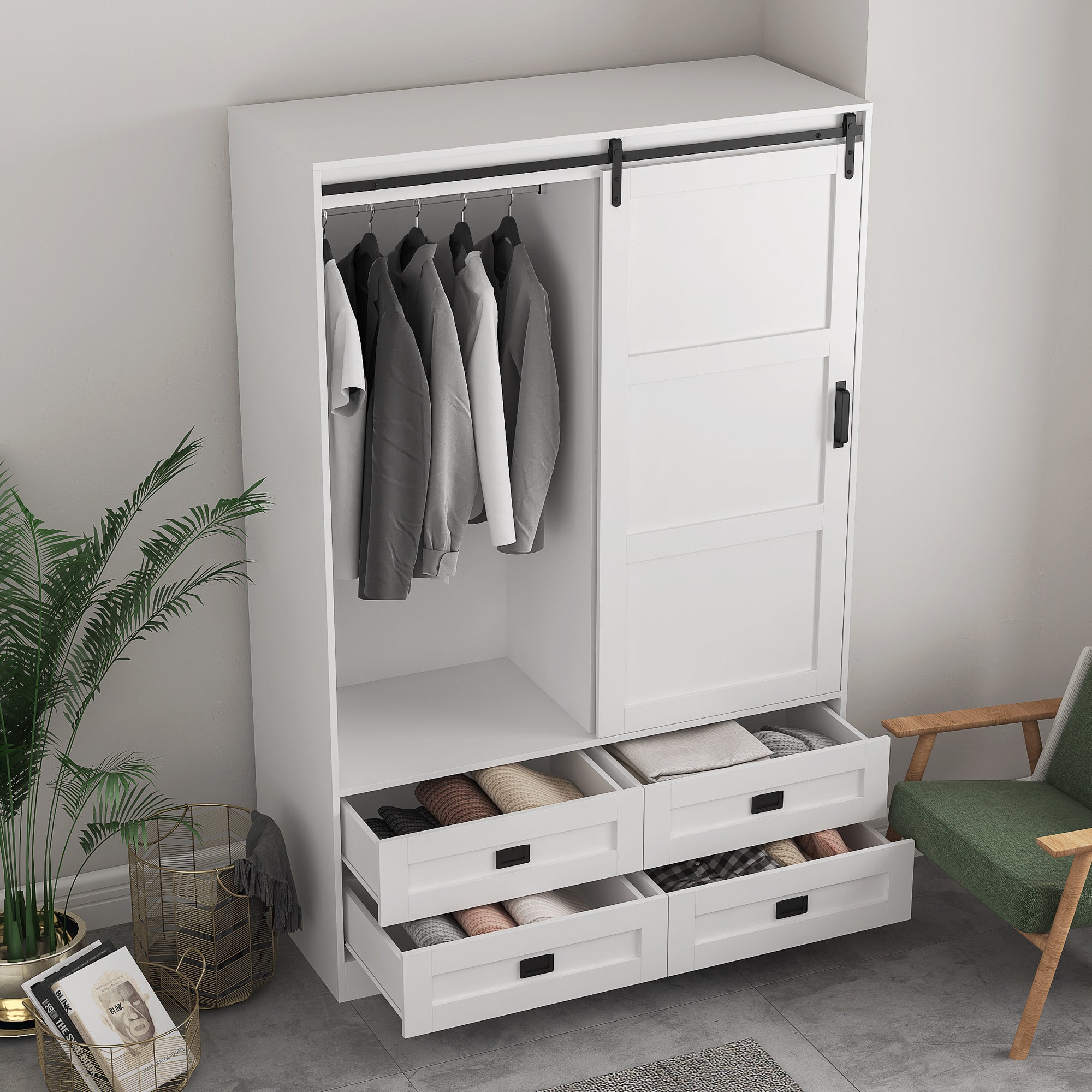 Tall Anthony & Home armoire with barn door featuring sleek wood finish and rustic hardware in a modern bedroom setting.