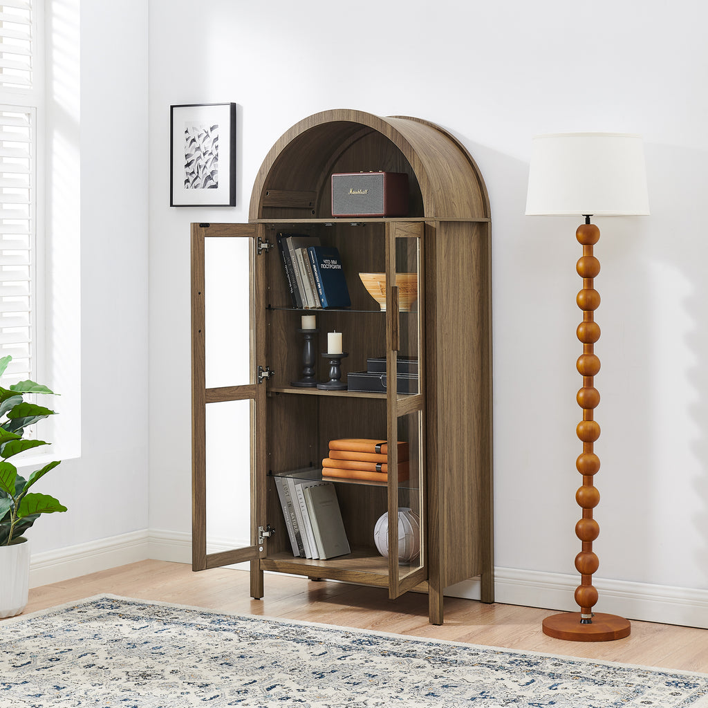 Walnut arched storage cabinet with built-in lamp by Anthony & Home, showcasing sleek wood finish and modern design.