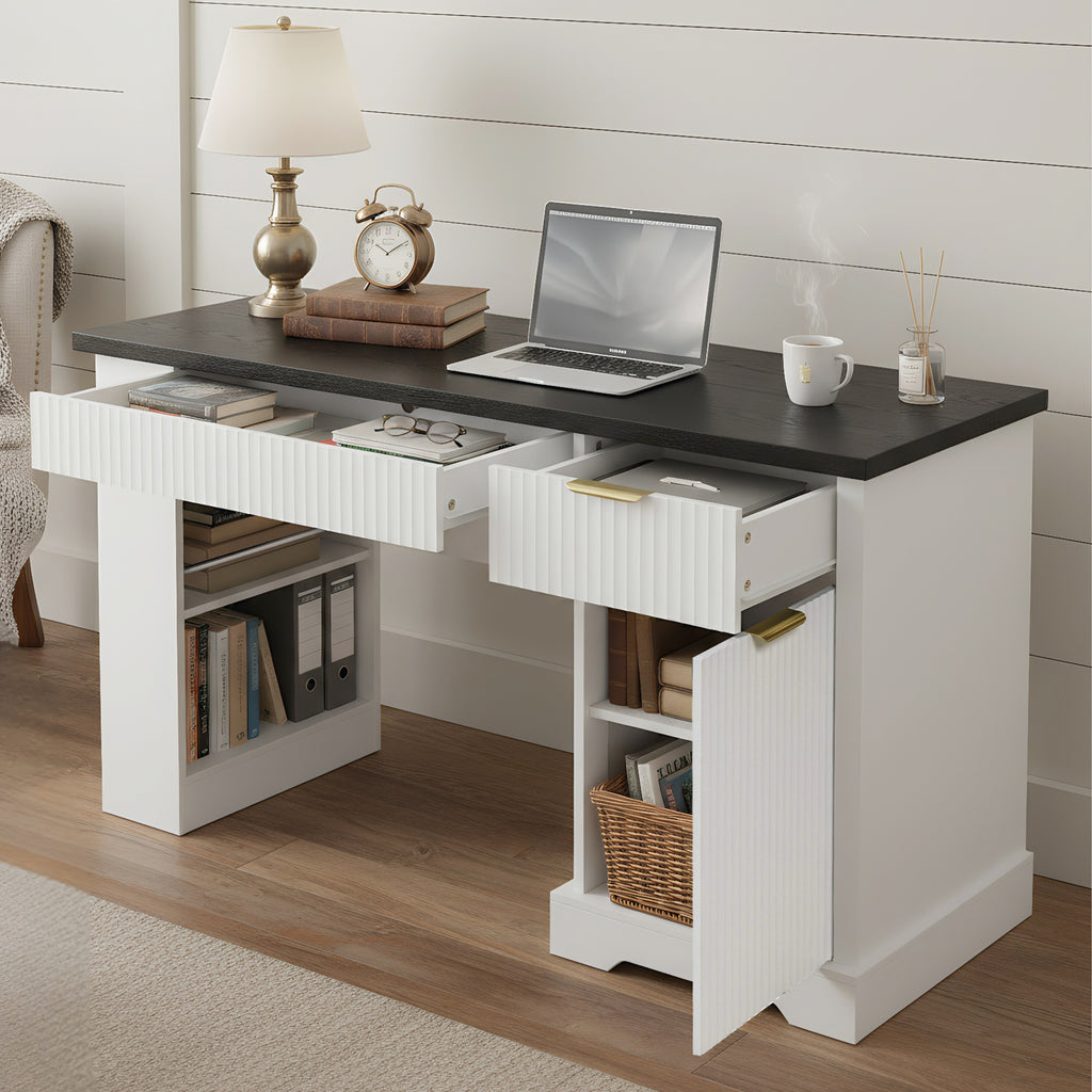 White Atelier fluted office desk with storage cabinet, pegboard, and keyboard tray by Anthony & Home, 55-inch size.