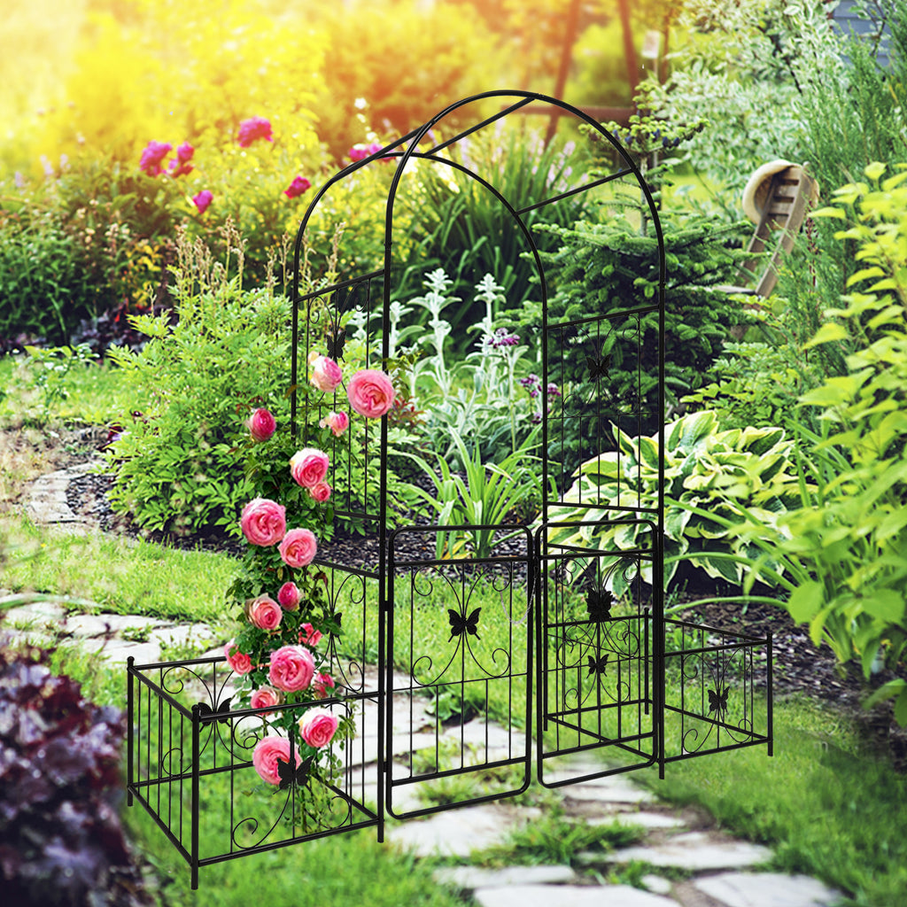 Black powder-coated metal garden arch with gate, 80x86 inches, rose arbor style by Anthony & Home