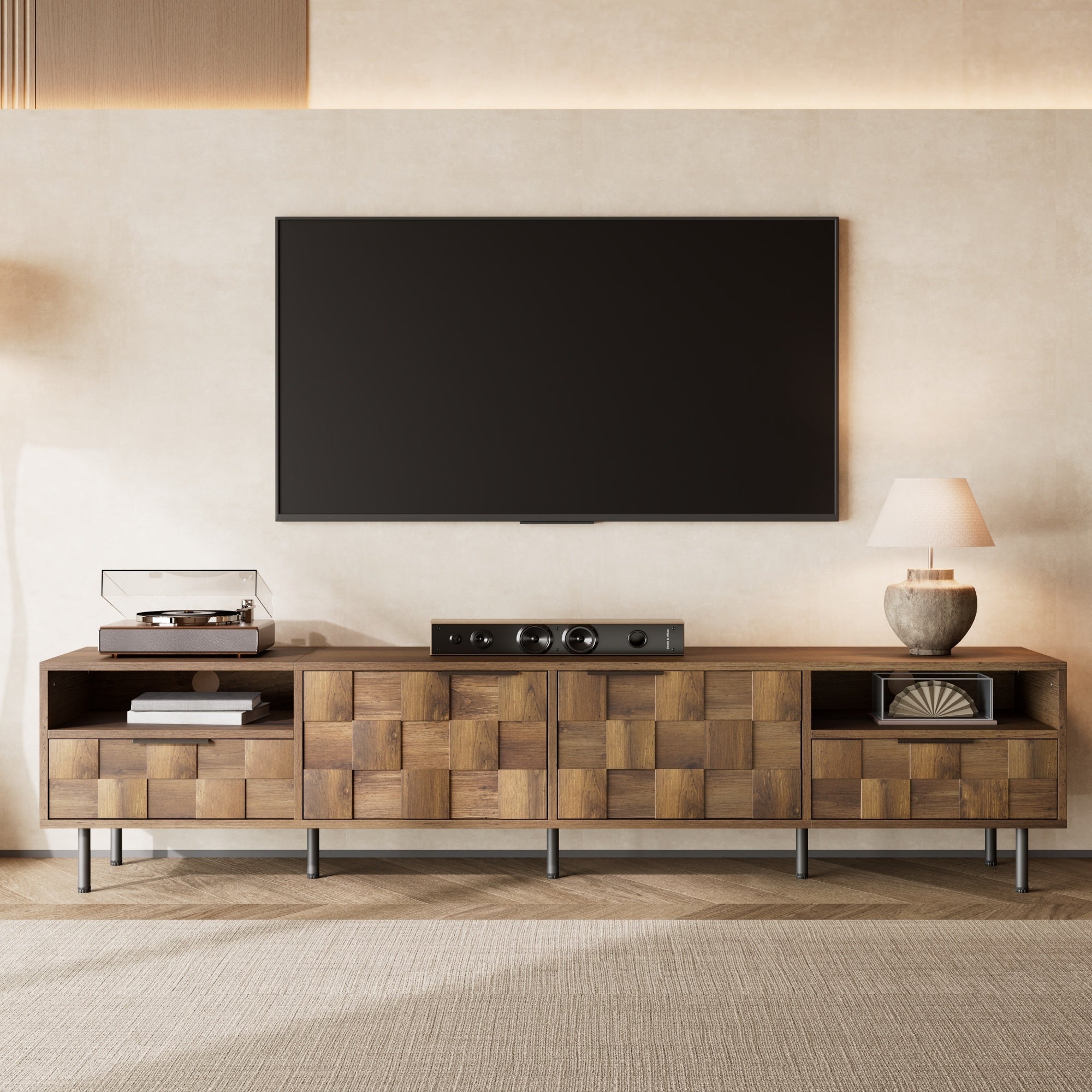 Mid-century Anthony & Home TV stand with natural finish and two drawers, ideal for modern living room storage.