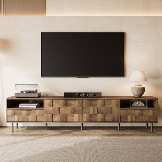 Mid-century Anthony & Home TV stand with natural finish and two drawers, ideal for modern living room storage.