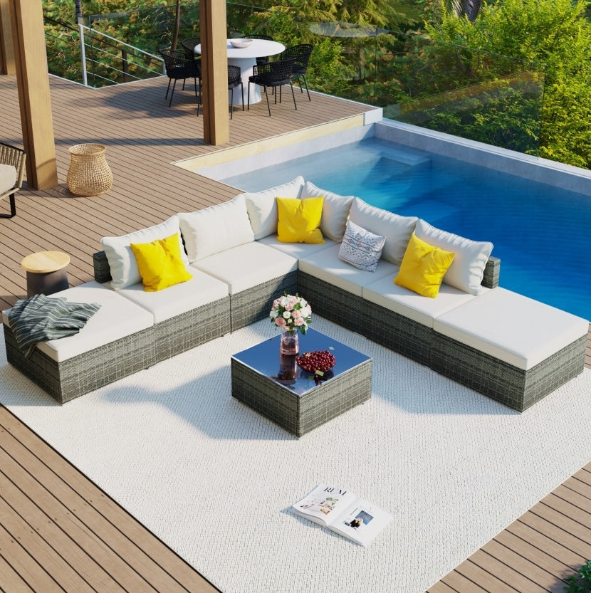 8-Piece Outdoor Patio Wicker Sofa Set Beige Cushions