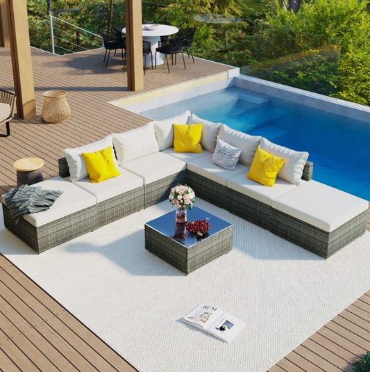 8-Piece Outdoor Patio Wicker Sofa Set Beige Cushions
