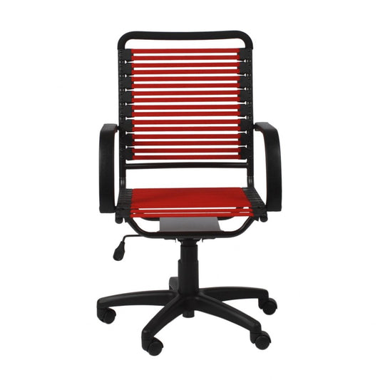 Red and black adjustable swivel bungee rolling office chair with ergonomic design and mesh back support.