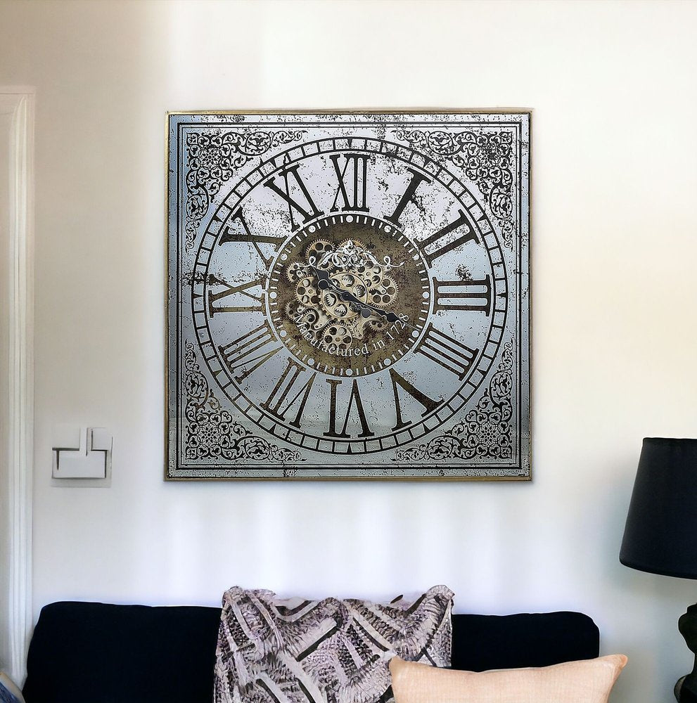 Silver And Gold Square Wall Clock With Roman Numerals