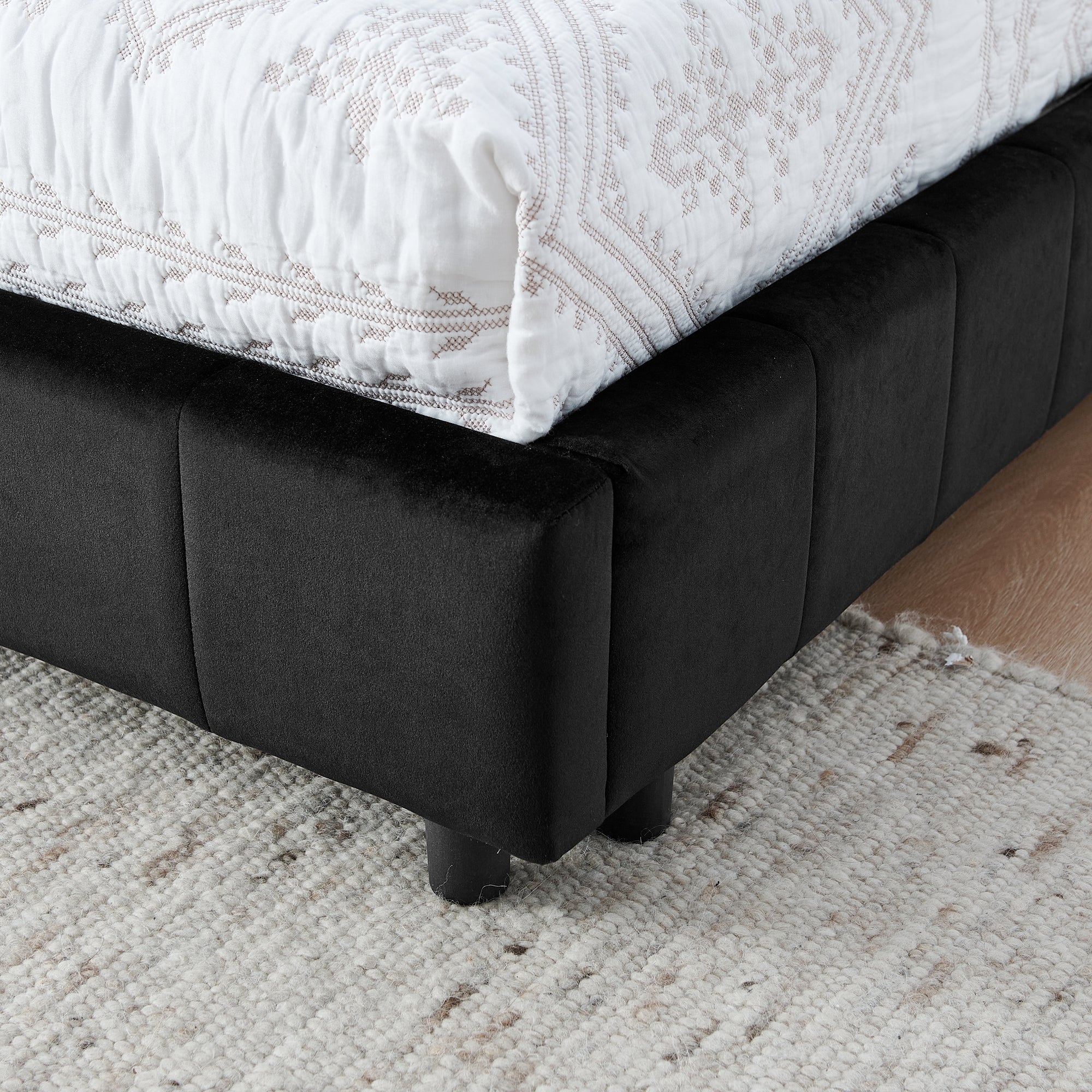 Full size black velvet tufted bed frame by Anthony & Home, showcasing the plush upholstered headboard and sleek modern design.