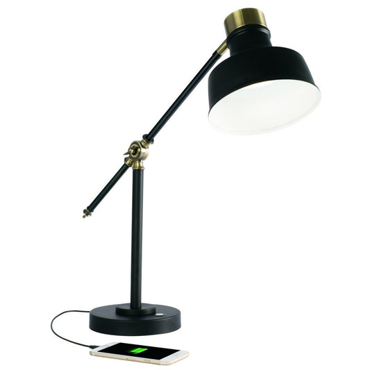 Matte black and antiqued brass LED adjustable desk lamp with modern design, perfect for home or office workspace lighting.