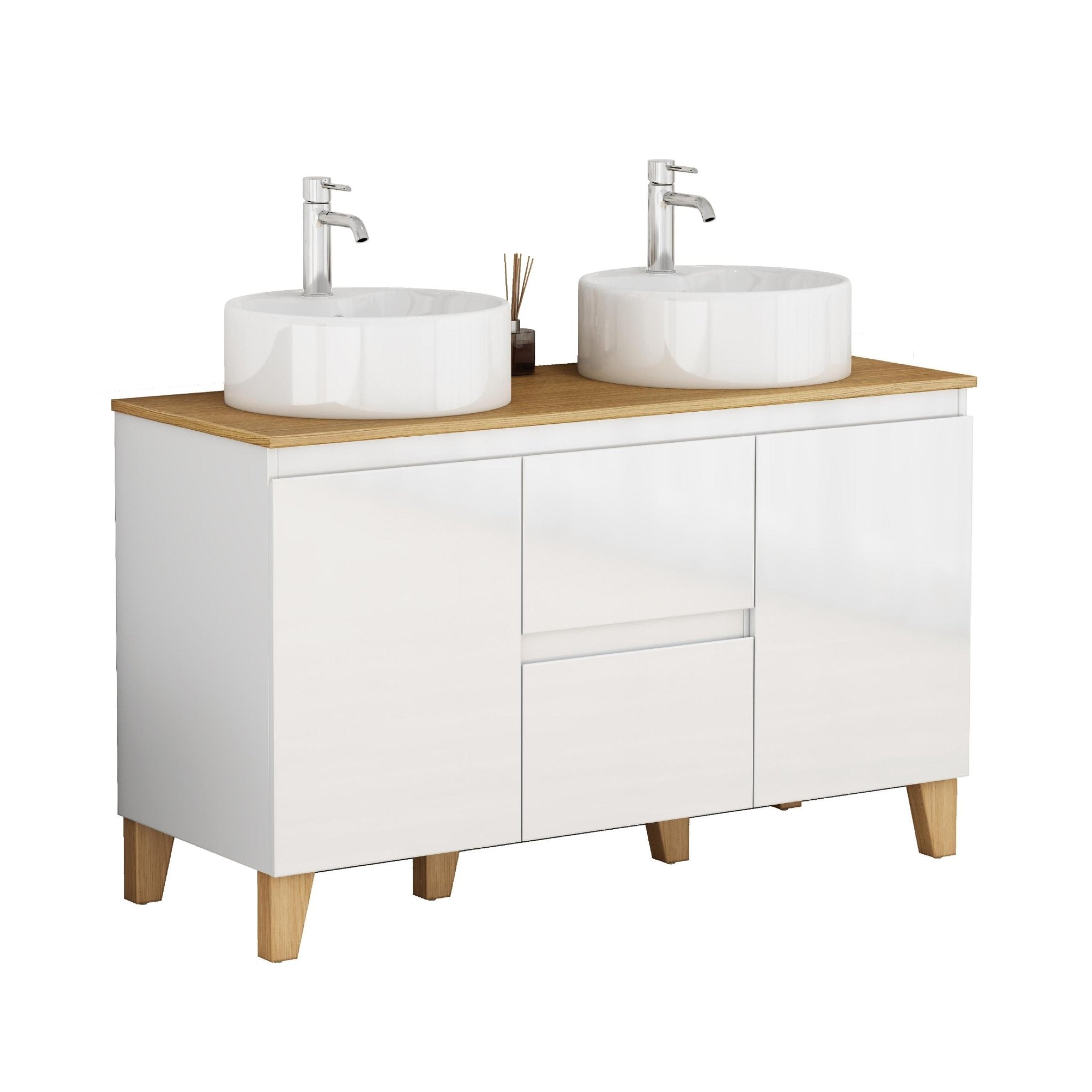 Anthony & Home Signature Solid Wood Top Double Basin Vanity in glossy white with modern design and spacious double sinks.
