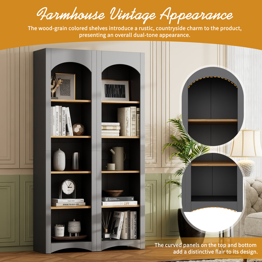 Anthony & Home Atelier two-tone farmhouse 5-tier bookcase set with wooden shelves and black metal frames, ideal for home storage.