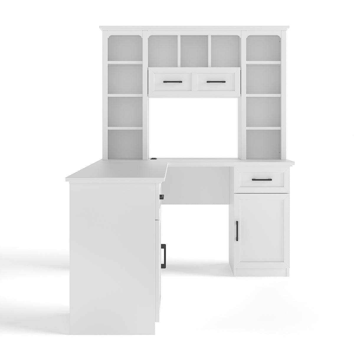L-shaped white matte finish desk with built-in cabinets and shelving from Anthony & Home Signature Collection