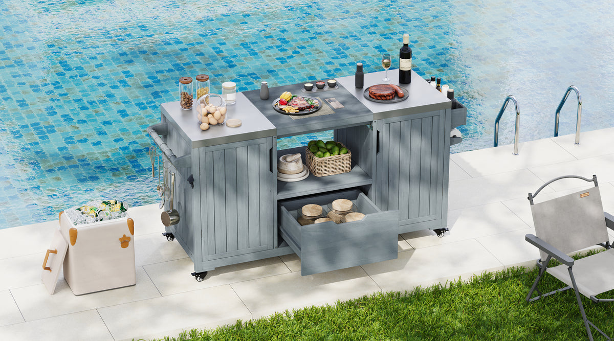 Anthony & Home solid wood outdoor kitchen island with storage and workspace, designed for Big Green Egg Studio outdoor cooking setup.