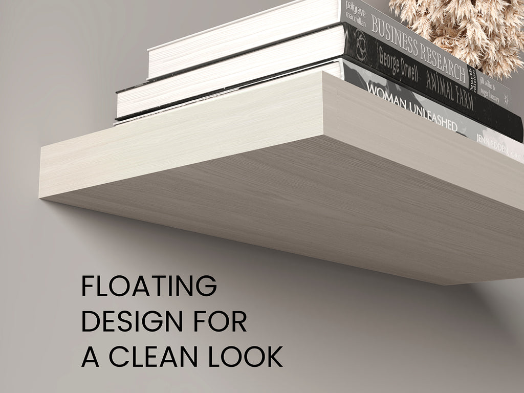 Pair of Anthony & Home Ecco 31.5-inch walnut floating shelves from the Atelier Collection installed on a wall.