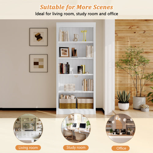 Five Tier White Wood Bookshelf With Adjustable Shelves