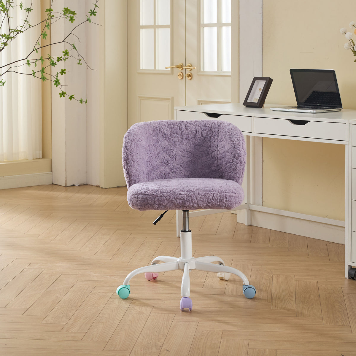 Violet Atelier rabbit-hair office chair with metal base by Anthony & Home, showcasing plush rabbit-hair upholstery and sleek design.