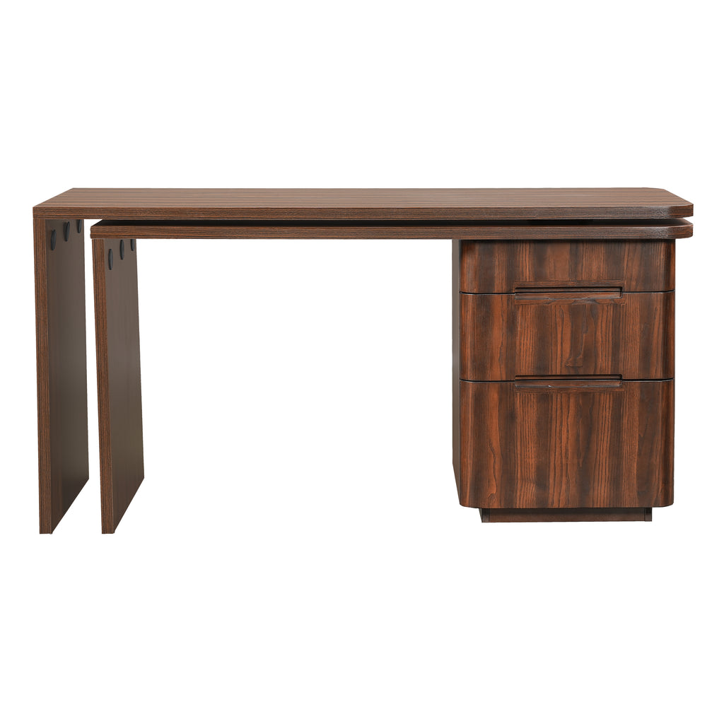 Walnut L-shaped desk with 3 drawers and 360-degree rotation by Anthony & Home, featuring a sleek, modern office design.