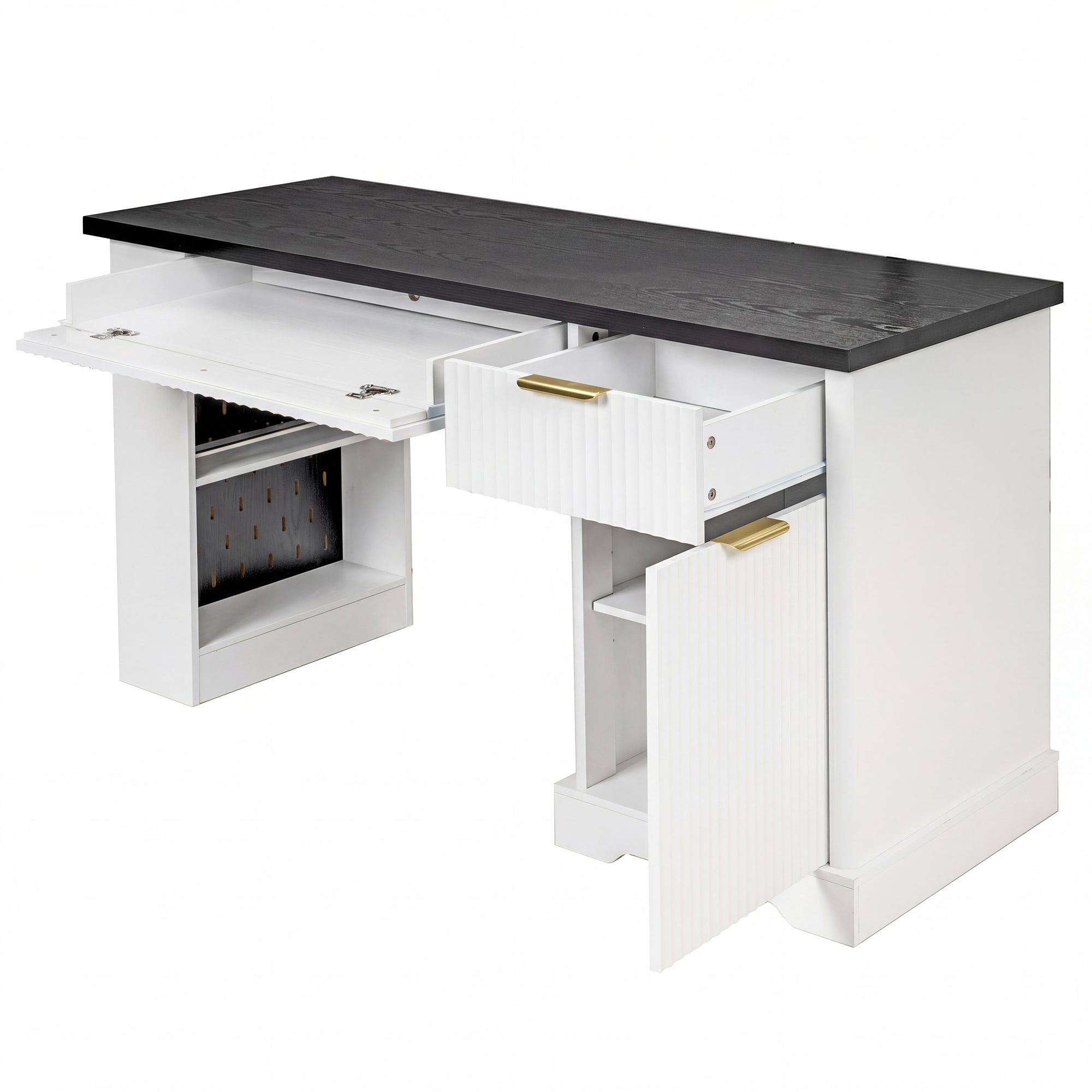 Anthony & Home Atelier fluted white office desk with storage cabinet, pegboard, and keyboard tray, 55-inch size