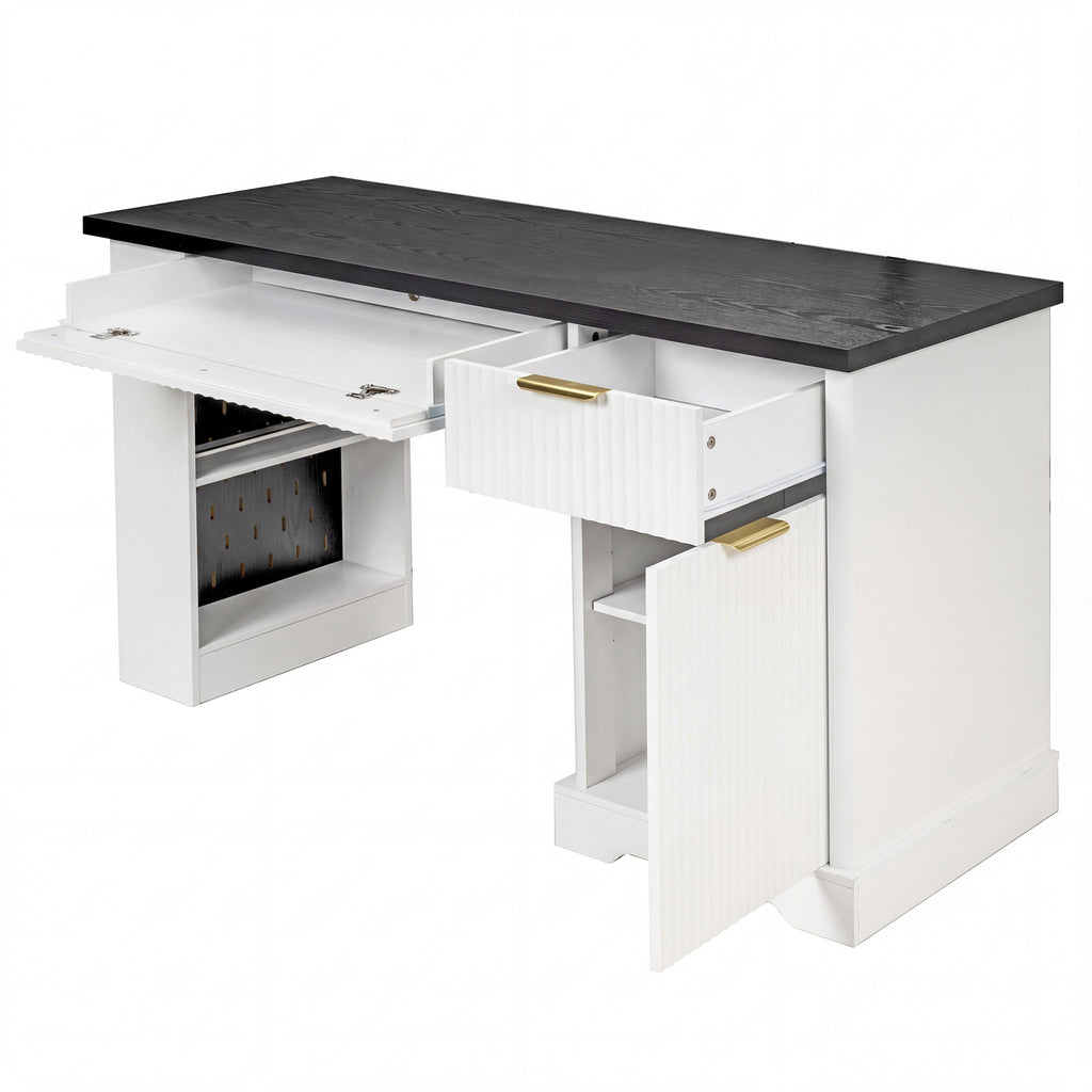 Anthony & Home Atelier fluted white office desk with storage cabinet, pegboard, and keyboard tray, 55-inch size