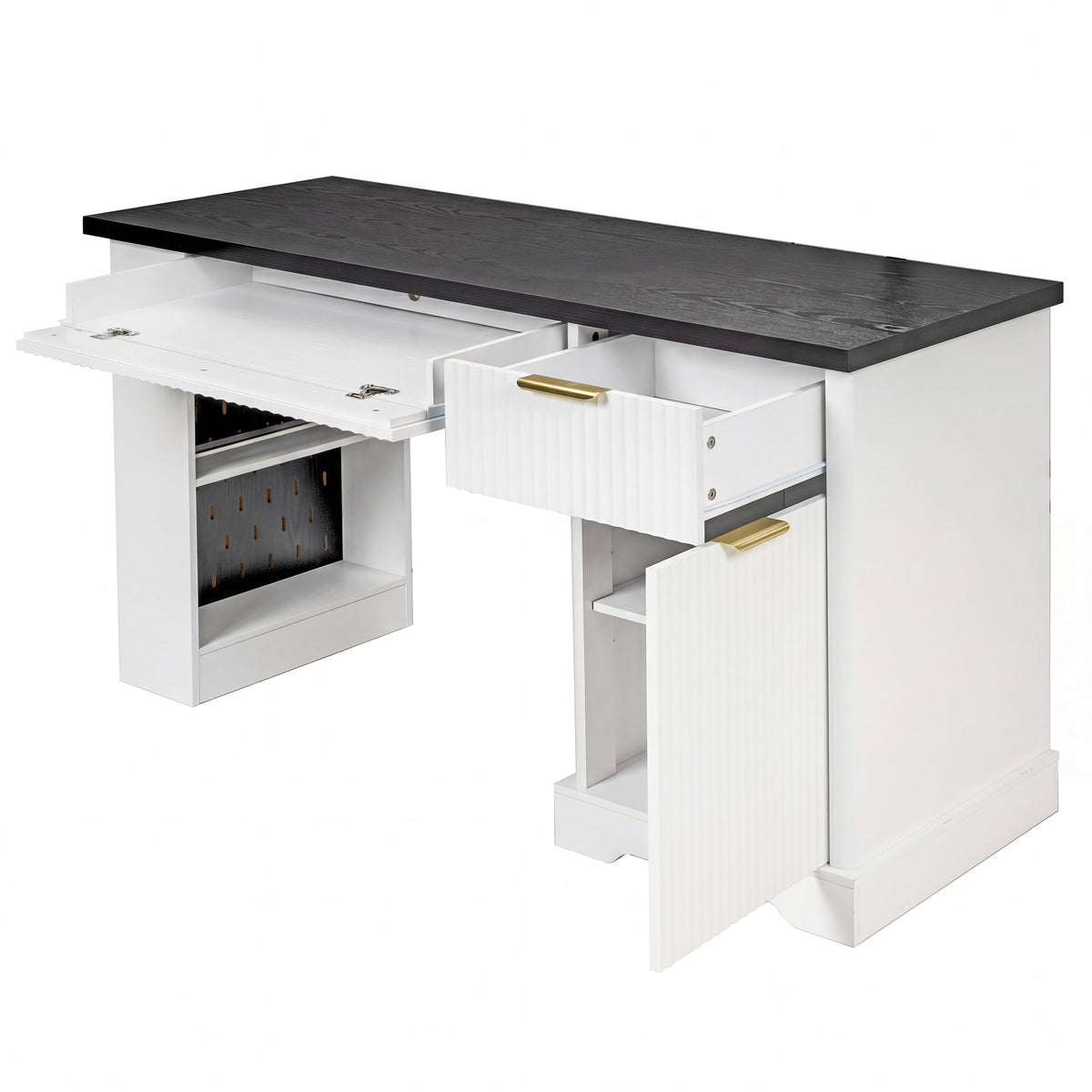 Anthony & Home Atelier fluted white office desk with storage cabinet, pegboard, and keyboard tray, 55-inch size