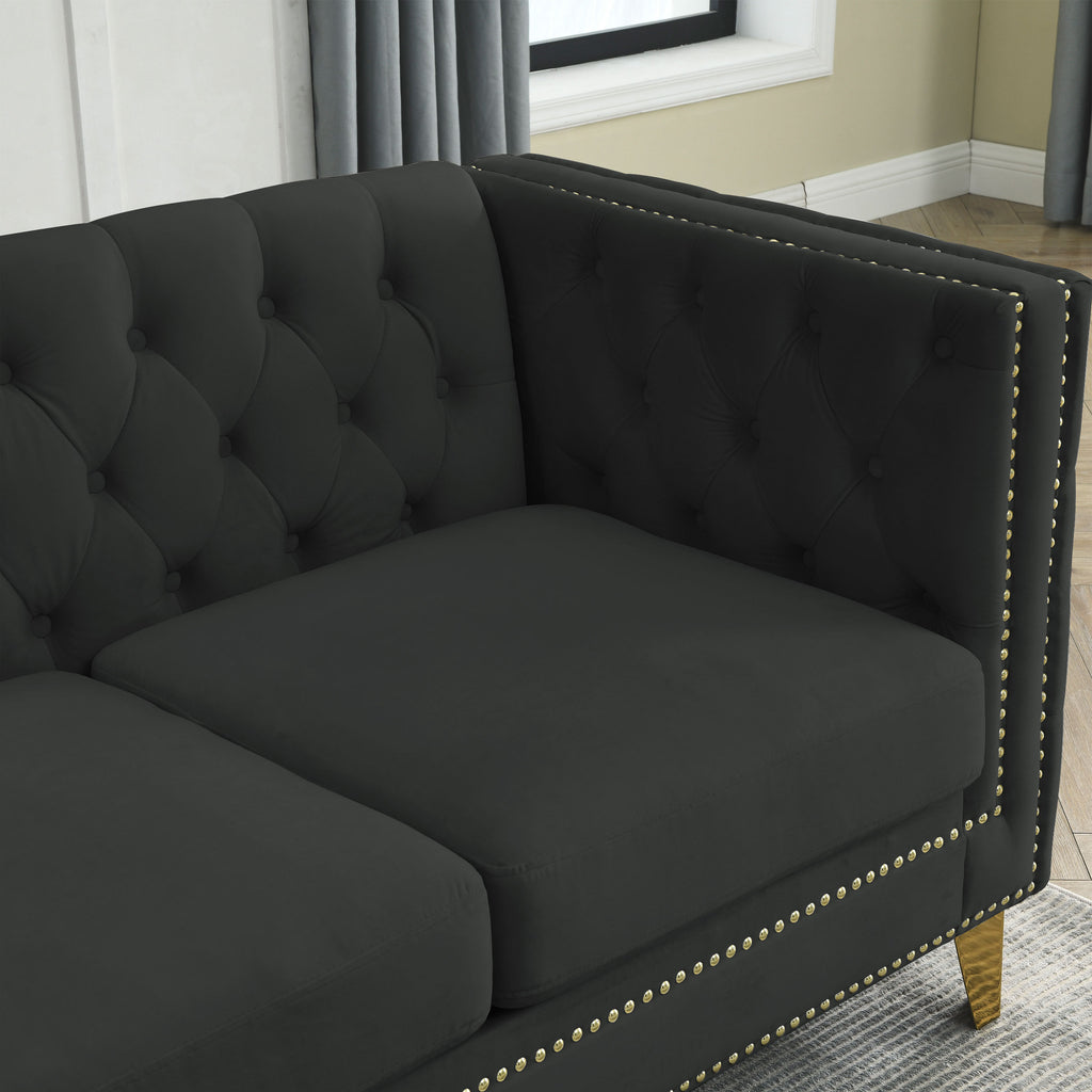 Black Atelier Velvet Tufted 3-Seater Sofa by Anthony & Home with metal legs, showcasing plush velvet upholstery and tufted design.