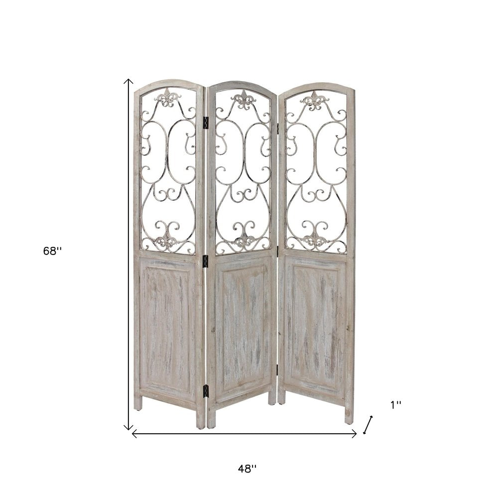 Romantic Whitewashed Scroll Three Panel Room Divider Screen