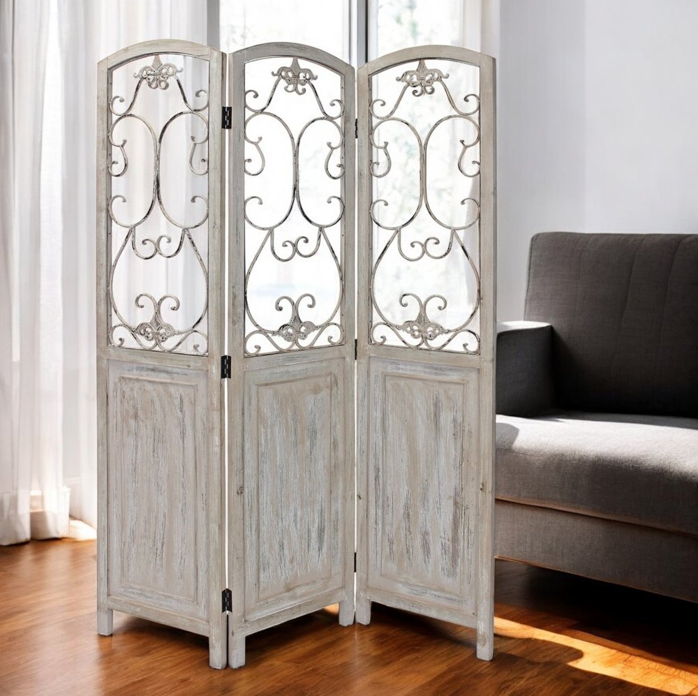 Romantic Whitewashed Scroll Three Panel Room Divider Screen