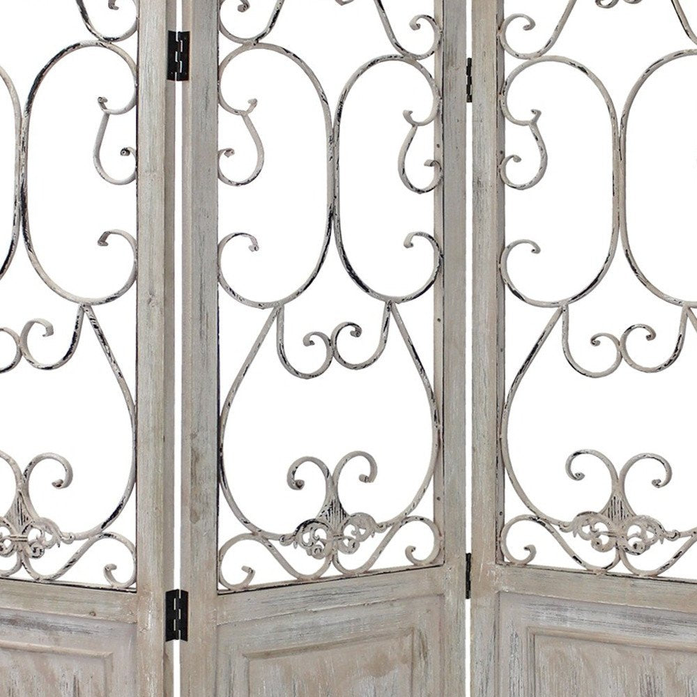 Romantic Whitewashed Scroll Three Panel Room Divider Screen