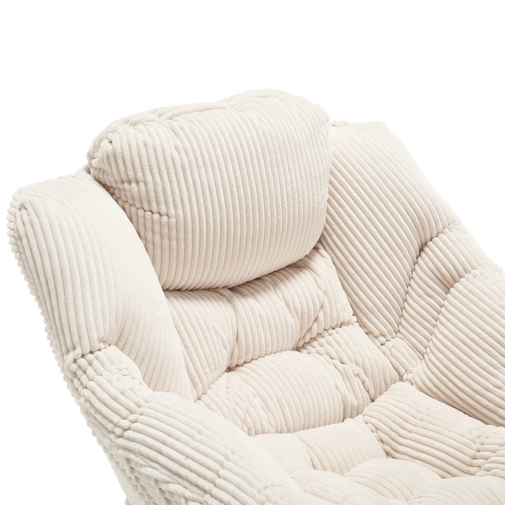Ivory upholstered lounge chair with matching ottoman and side pocket, modern reading nook accent by Anthony & Home
