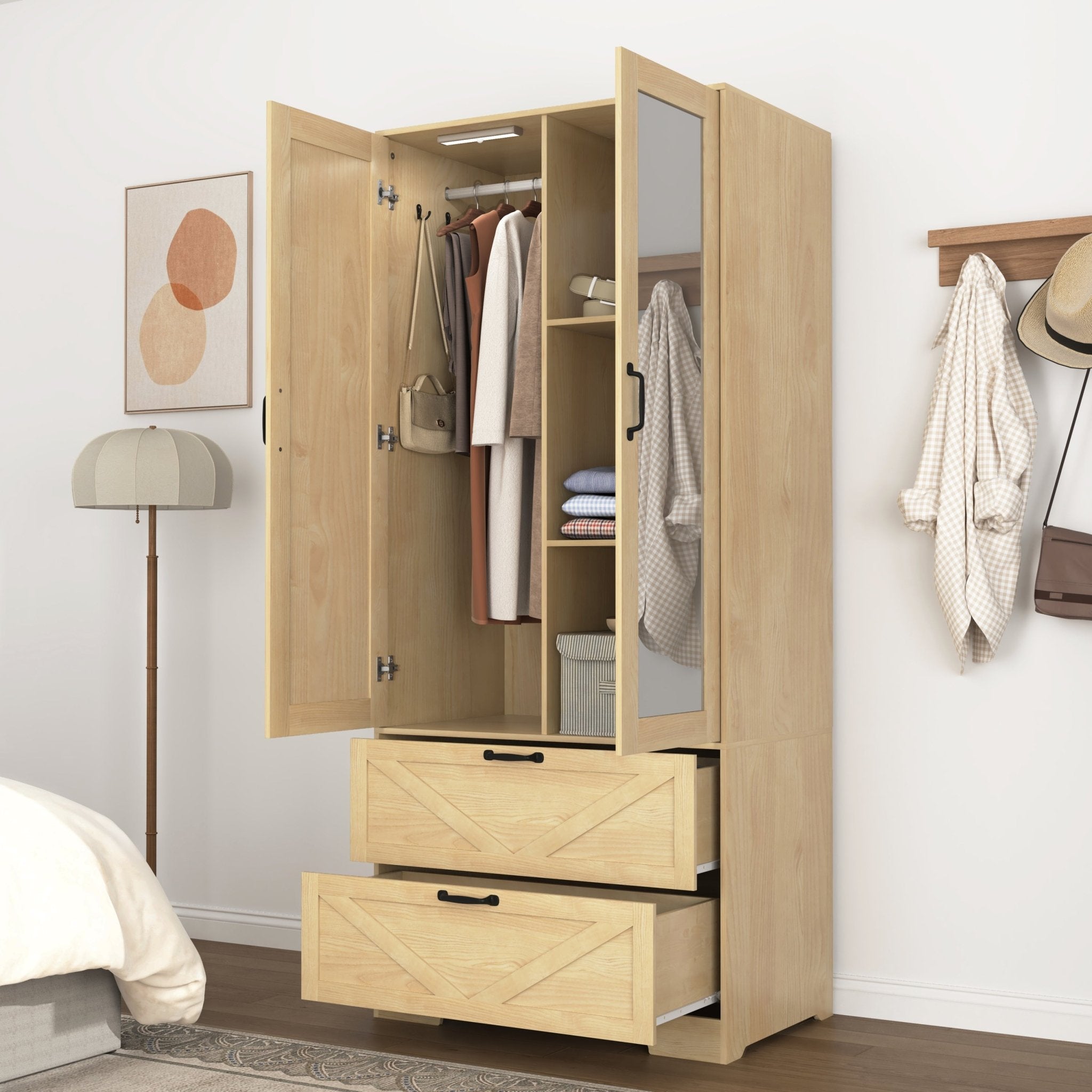 Anthony & Home natural veneer wardrobe with built-in light, mirror, two doors, hanging rod, and two drawers.