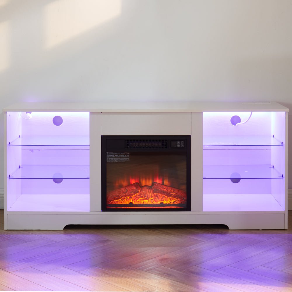 Anthony & Home electric fireplace TV stand with glass shelves, showcasing a modern design with a built-in electric fireplace and storage.