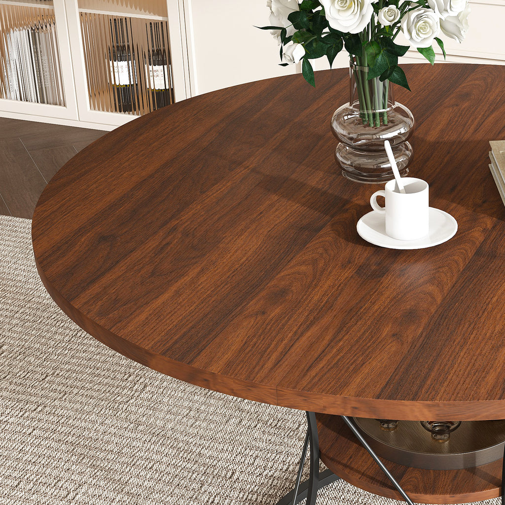 Anthony & Home Studio Round Extendable Dining Table made of solid wood, showcasing its polished surface and extendable design.