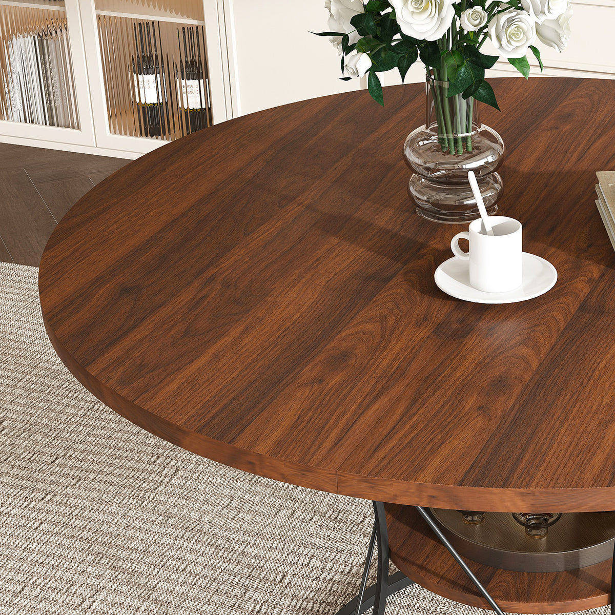 Anthony & Home Studio Round Extendable Dining Table made of solid wood, showcasing its polished surface and extendable design.