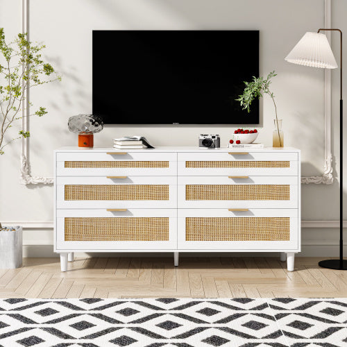 59 Inch Rattan Dresser With Six Drawers White Wood Legs