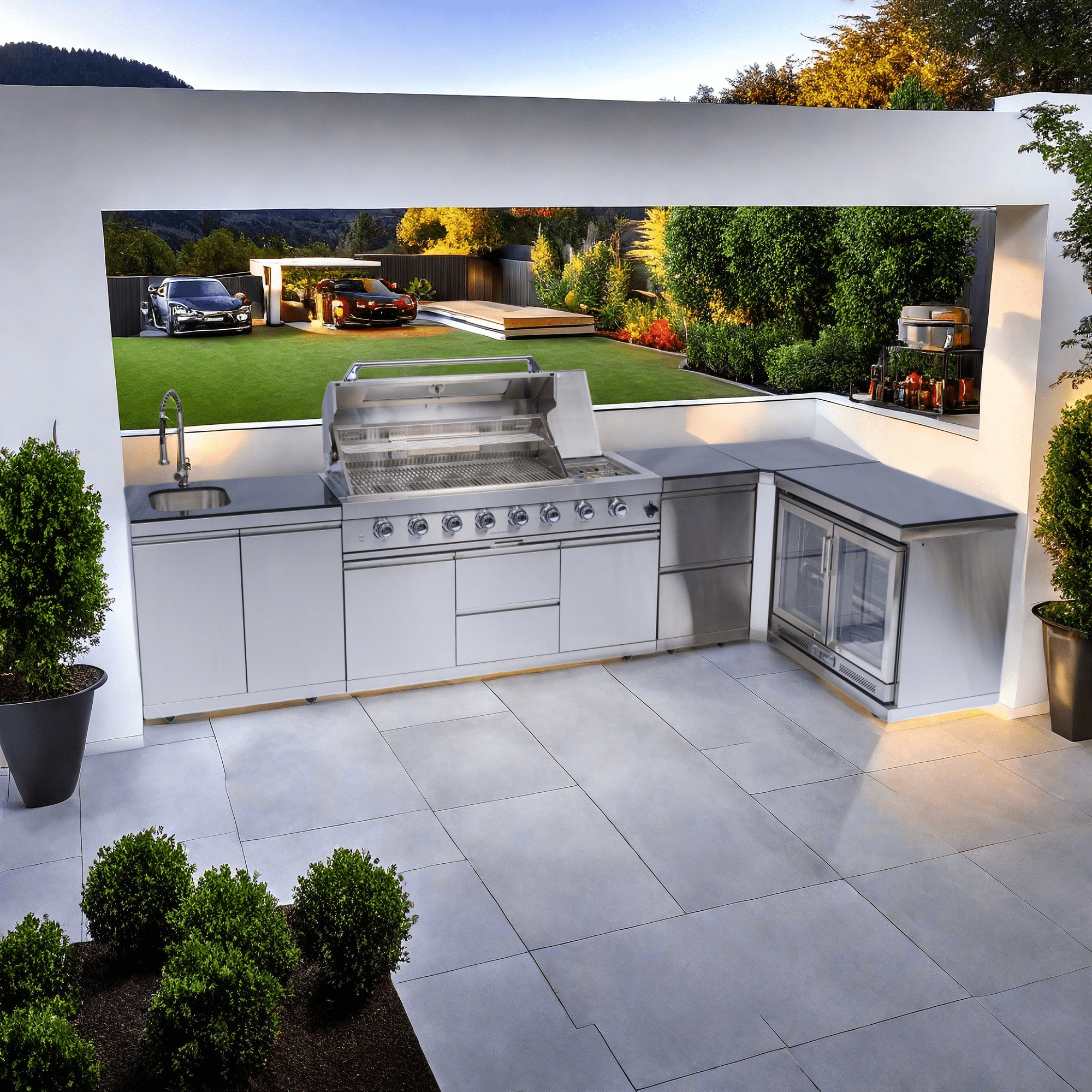 Anthony & Home 62-inch stainless steel outdoor kitchen with 6-burner grill, wine cooler, rotisserie, granite counters, and storage cabinets.