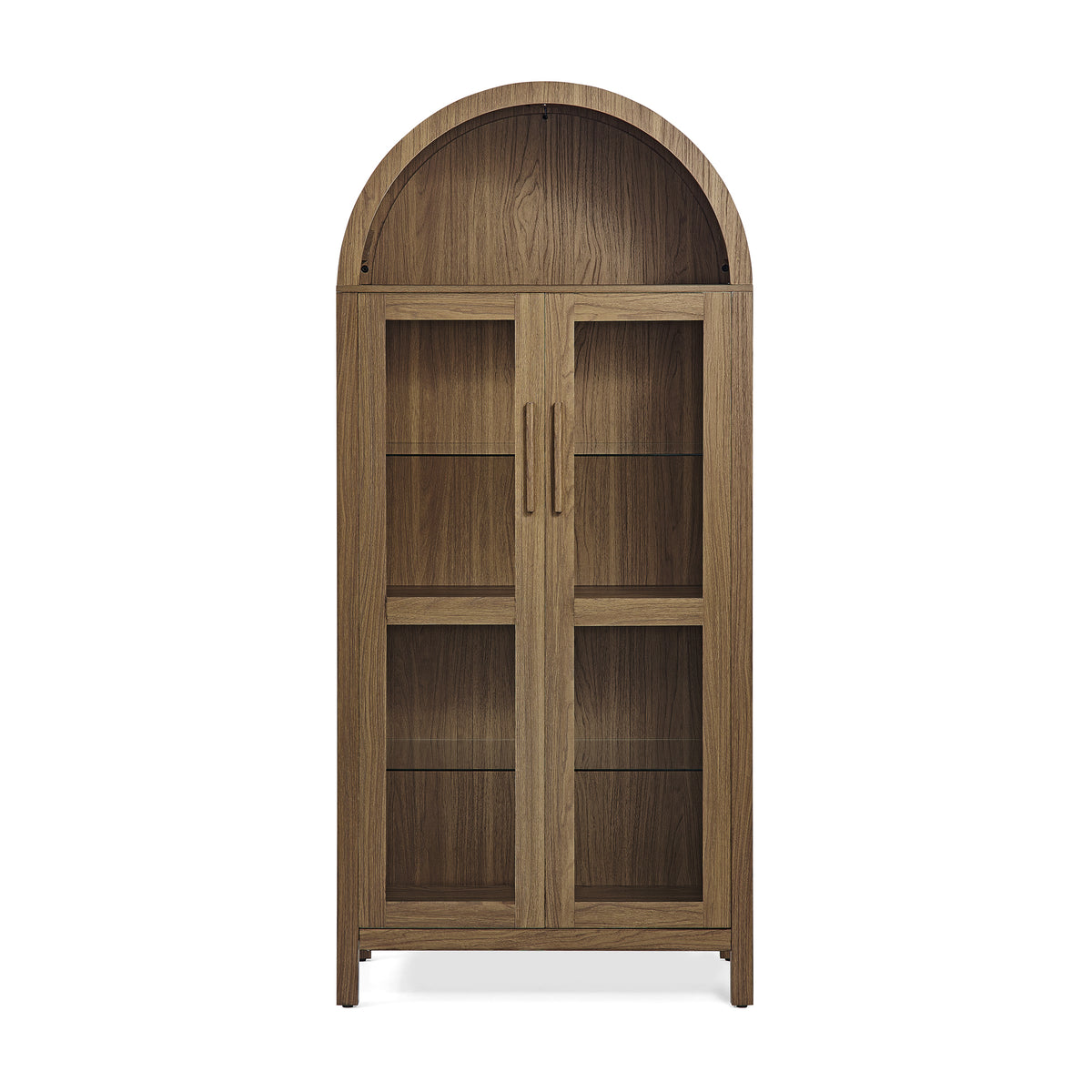 Arched walnut storage cabinet with built-in lamp from Anthony & Home, showcasing sleek design and elegant wood finish.