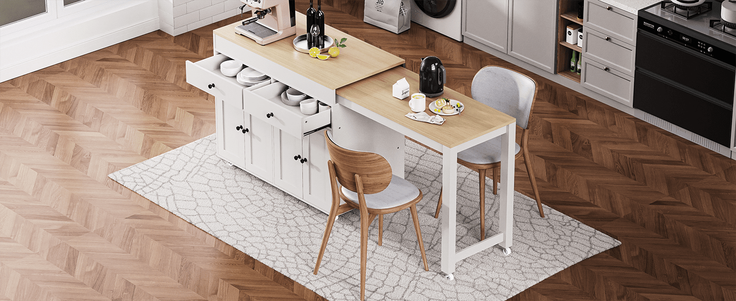 Anthony & Home Signature Maple Wood Kitchen Island with Extendable Table, showcasing the sleek wooden surface and extendable feature.