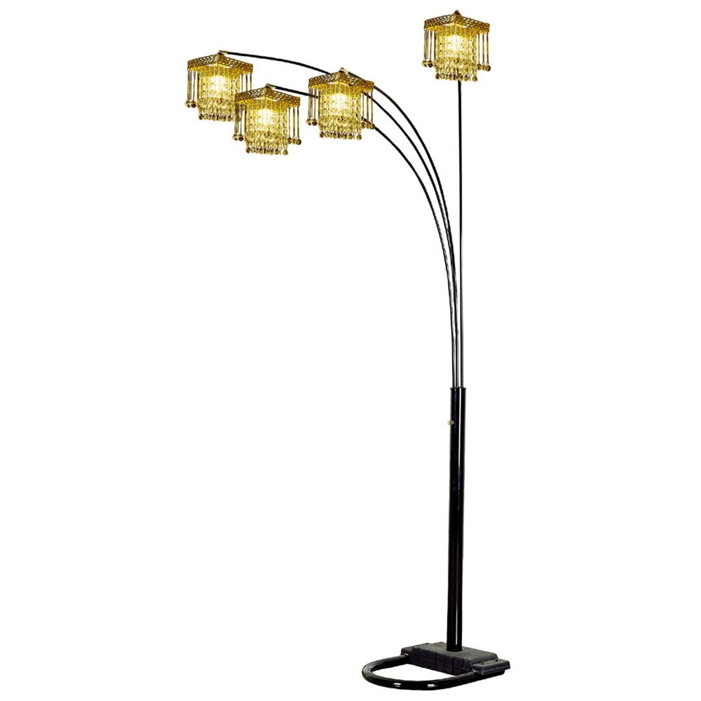 HomeRoots 84-inch black four-light arc floor lamp with clear crystal glass chandelier shade, modern lighting for living room or foyer.