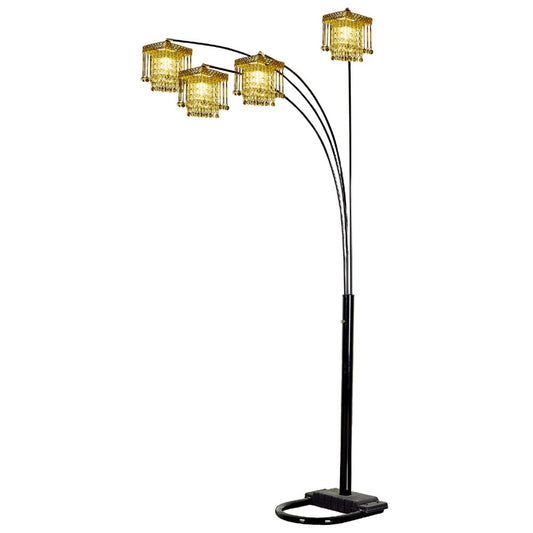 HomeRoots 84-inch black four-light arc floor lamp with clear crystal glass chandelier shade, modern lighting for living room or foyer.