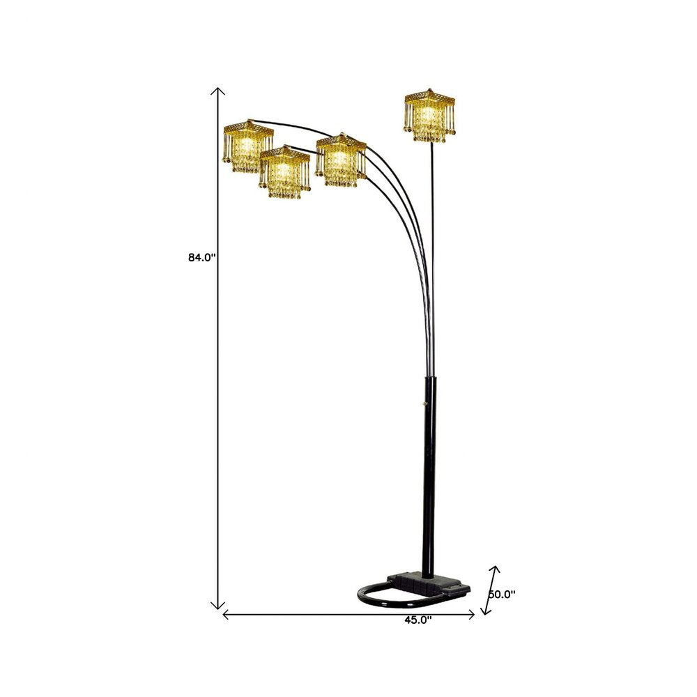 HomeRoots 84-inch black four-light arc floor lamp with clear crystal glass chandelier shade, modern and elegant lighting fixture.