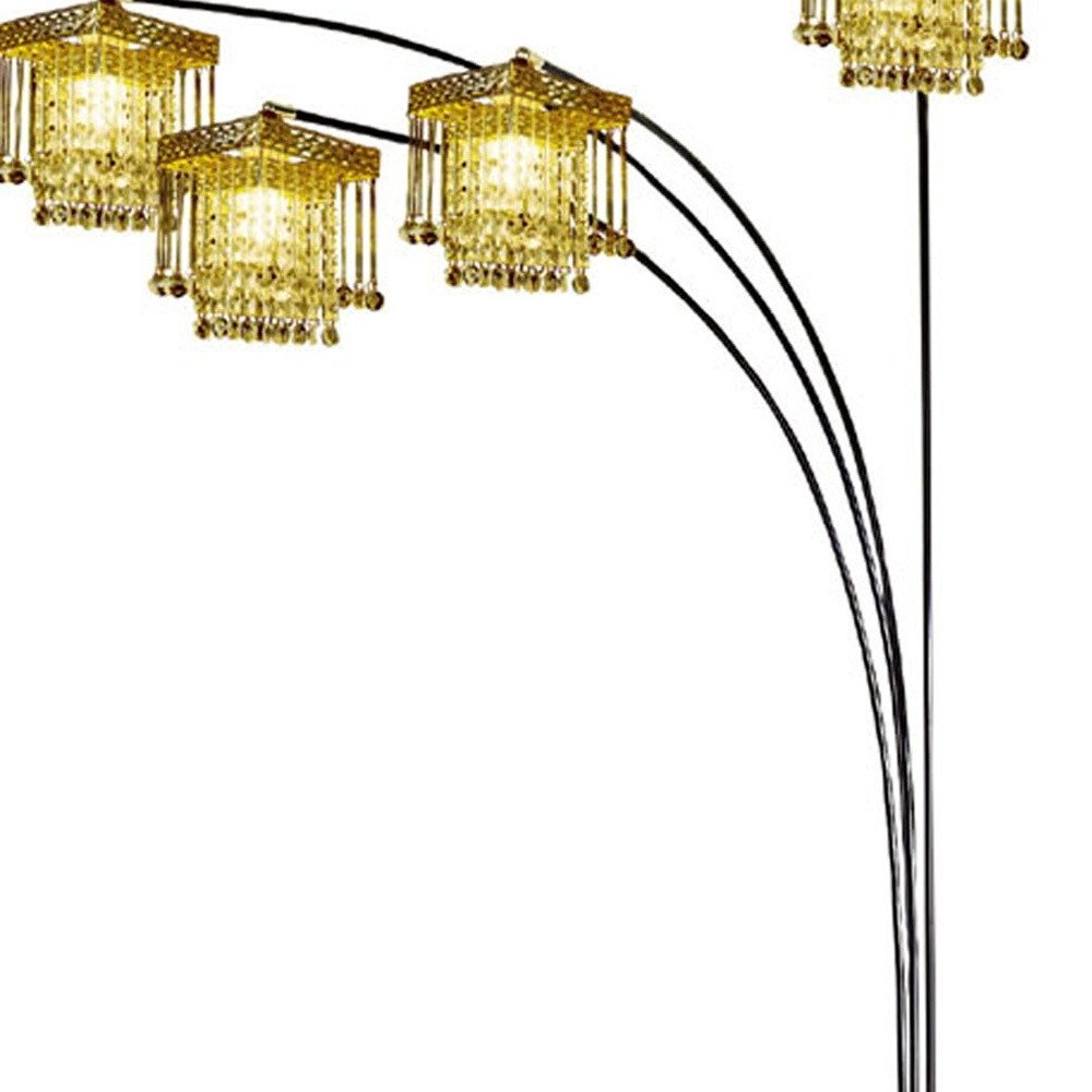 HomeRoots 84-inch black four-light arc floor lamp with clear crystal glass chandelier shade, modern lighting for living spaces.