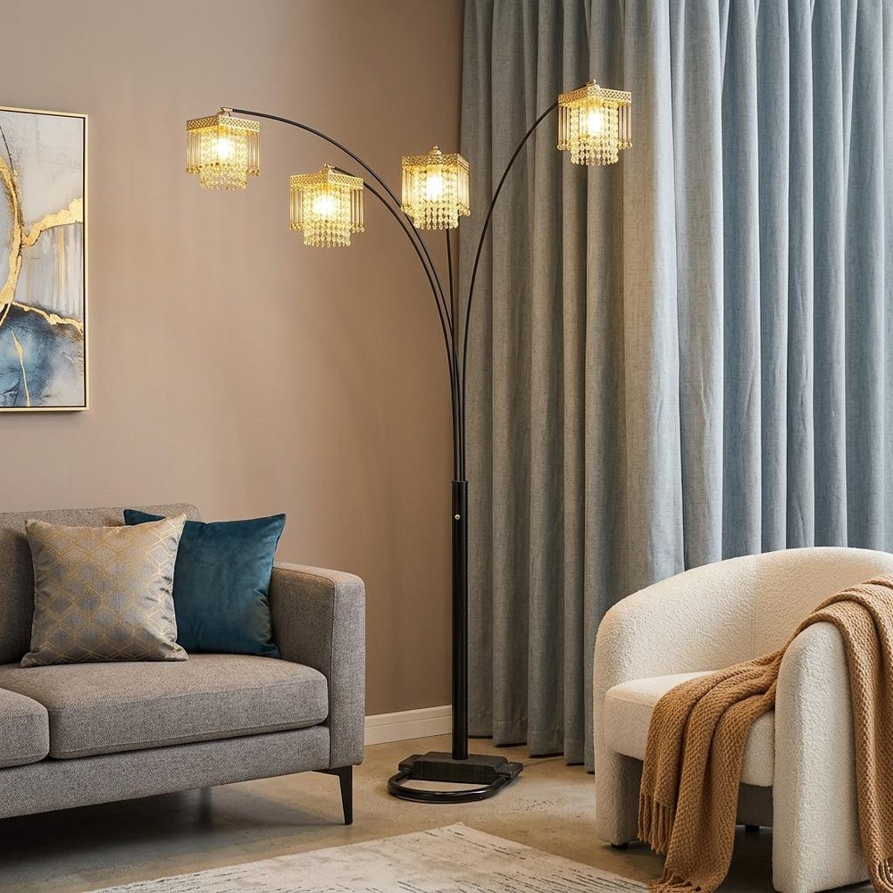 HomeRoots 84-inch black four-light arc floor lamp with clear crystal glass chandelier shade, modern and elegant lighting fixture