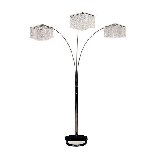HomeRoots 84-inch silver arched floor lamp with three lights and clear crystal square shades, elegant and modern lighting fixture.