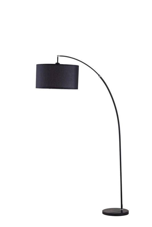 86" Black Metal Arc Floor Lamp With Black Fabric Drum Shade