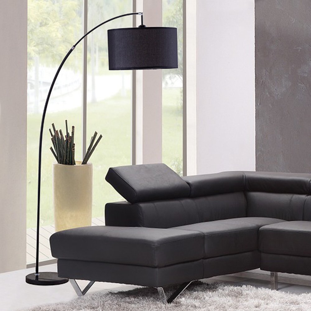 86" Black Metal Arc Floor Lamp With Black Fabric Drum Shade