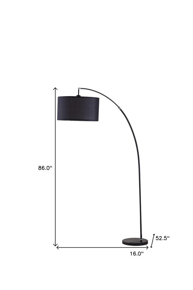 86" Black Metal Arc Floor Lamp With Black Fabric Drum Shade